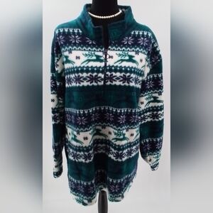 Summit Hill Womens BLUE & GREEN 1/4 Zip Fleece Snowflakes & Raindeer Pullover LG